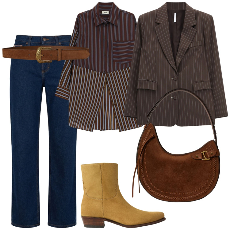 Outfit donna - Suede. per Ufficio. Abbinamento con jeans, blazer, camicie, borse a spalla, cinture, stivaletti.