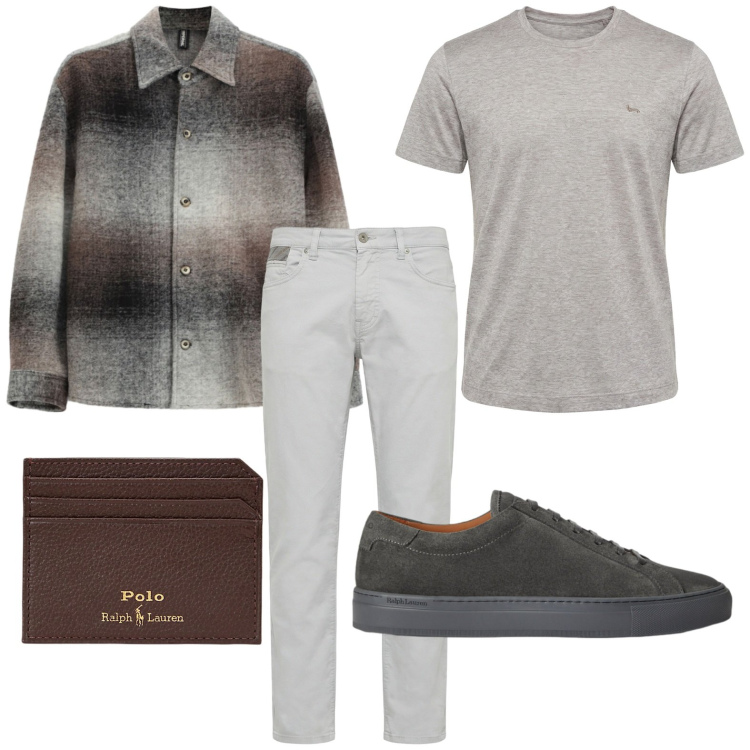 Outfit uomo - Grigio smoke. Stile Casual per Tutti i giorni. Abbinamento con pantaloni, t-shirt, camicie, portafogli, sneakers.