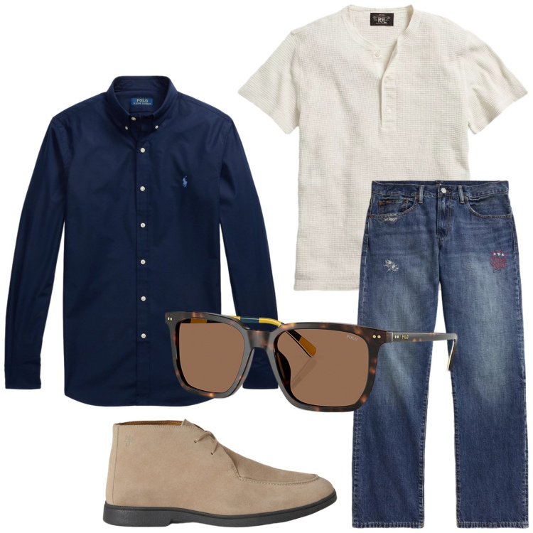Outfit uomo - Casual fine estate. Stile Trendy per Tutti i giorni. Abbinamento con stivali e stivaletti, occhiali da sole, camicie, t-shirt, jeans dritti.