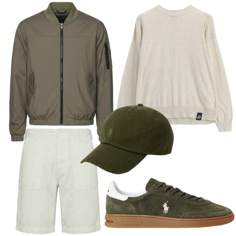 Outfit uomo - Linee armoniche. Stile Trendy per Tutti i giorni. Abbinamento con bermuda, maglieria, bomber, sneakers, cappelli.