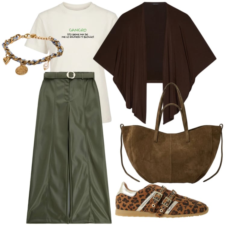 Outfit donna - Sabato mattina. per Tutti i giorni. Abbinamento con pantaloni, sneakers, blazer, t-shirt, borse tote, braccialetti.
