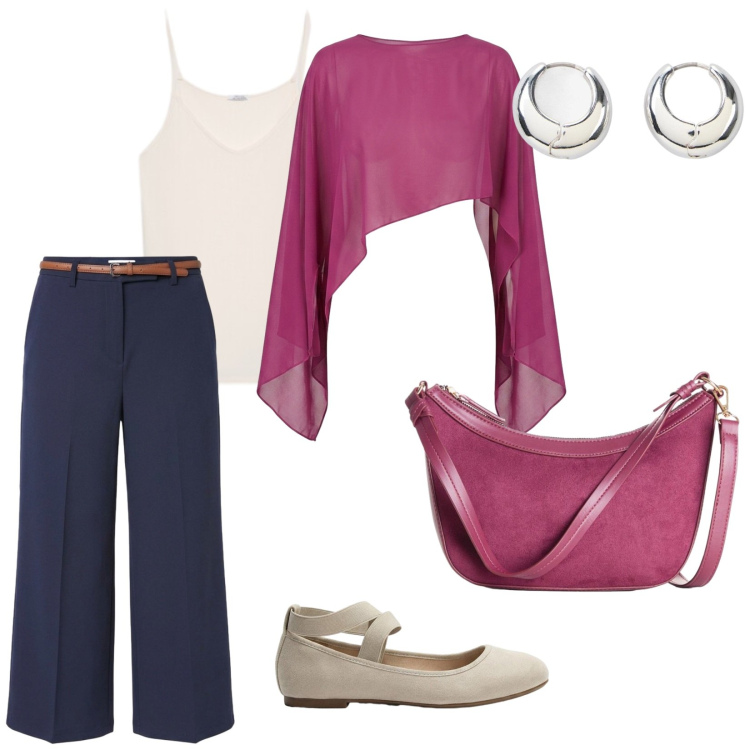 Outfit donna - Passeggiata al molo. per Mare. Abbinamento con ballerine, orecchini, borse a tracolla, pantaloni, canottiere, top.