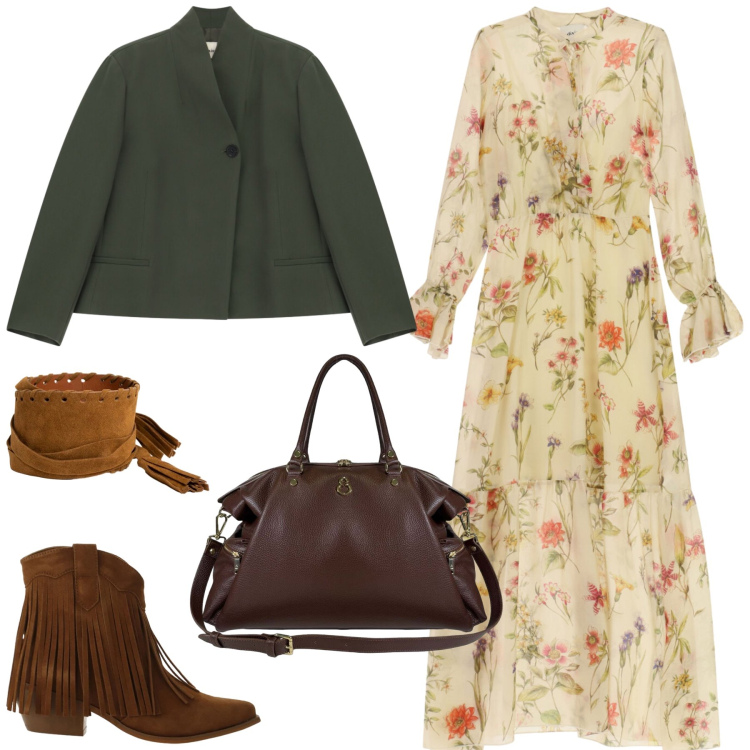 Outfit donna - Total look #2470494. Stile Boho per Tutti i giorni. Abbinamento con stivaletti texani, vestiti lunghi, blazer, borse a spalla, cinture.