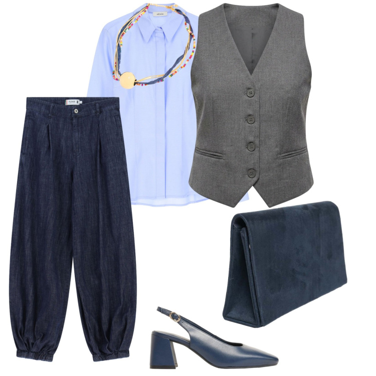 Outfit donna - In ufficio. per Ufficio. Abbinamento con décolleté, camicie, jeans, gilet, borse a tracolla, collane.