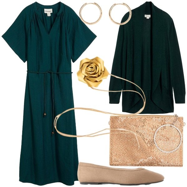 Outfit donna - I primi giorni di settembre. Stile Glamour per Serata fuori. Abbinamento con vestiti midi/longuette, cardigans, orecchini, ballerine, pochette, collane.