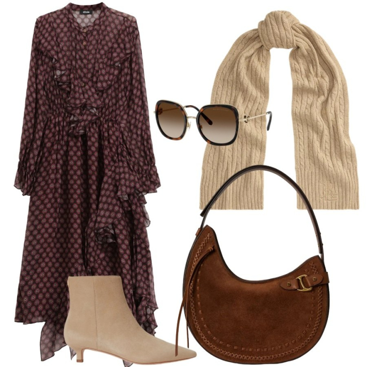 Outfit donna - Total look #2470497. Stile Romantica per Tutti i giorni. Abbinamento con vestiti asimmetrici, borse a spalla, stivaletti, occhiali da sole, sciarpe.