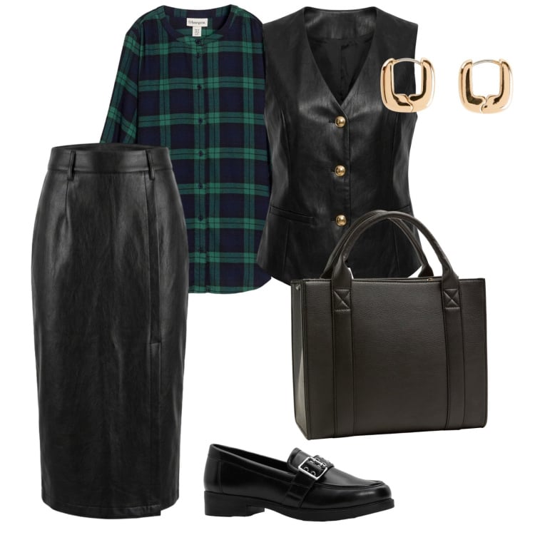 Outfit donna - In pelle nera. per Serata fuori. Abbinamento con bluse, mocassini, orecchini, borse tote, gilet, gonne longuette.