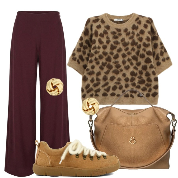 Outfit donna - Total look #2470499. Stile Casual per Ufficio. Abbinamento con maglieria, borse a mano, pantaloni a palazzo, orecchini, sneakers.