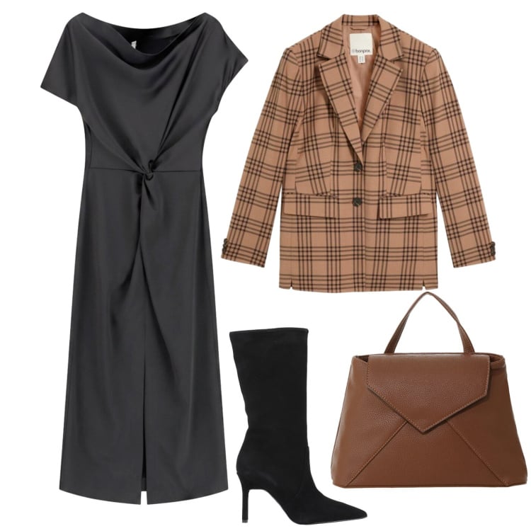 Outfit donna - Blazer check. Stile Chic per Serata fuori. Abbinamento con stivali, blazer, vestiti midi/longuette, borse a mano.