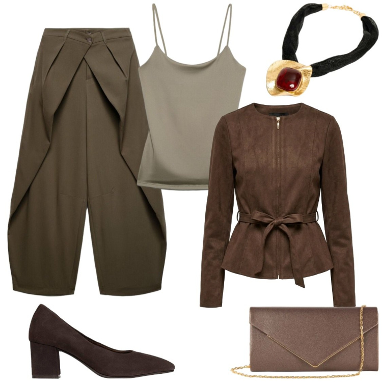 Outfit donna - Serate glam. Stile Glamour per Serata fuori. Abbinamento con décolleté, pantaloni, canottiere, clutch, blazer, collane.