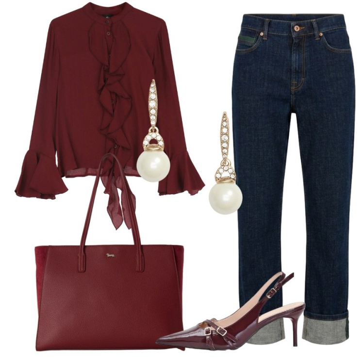 Outfit donna - Total look #2470506. Stile Glamour per Ufficio. Abbinamento con jeans dritti, shopping bag, camicie, décolleté, orecchini.