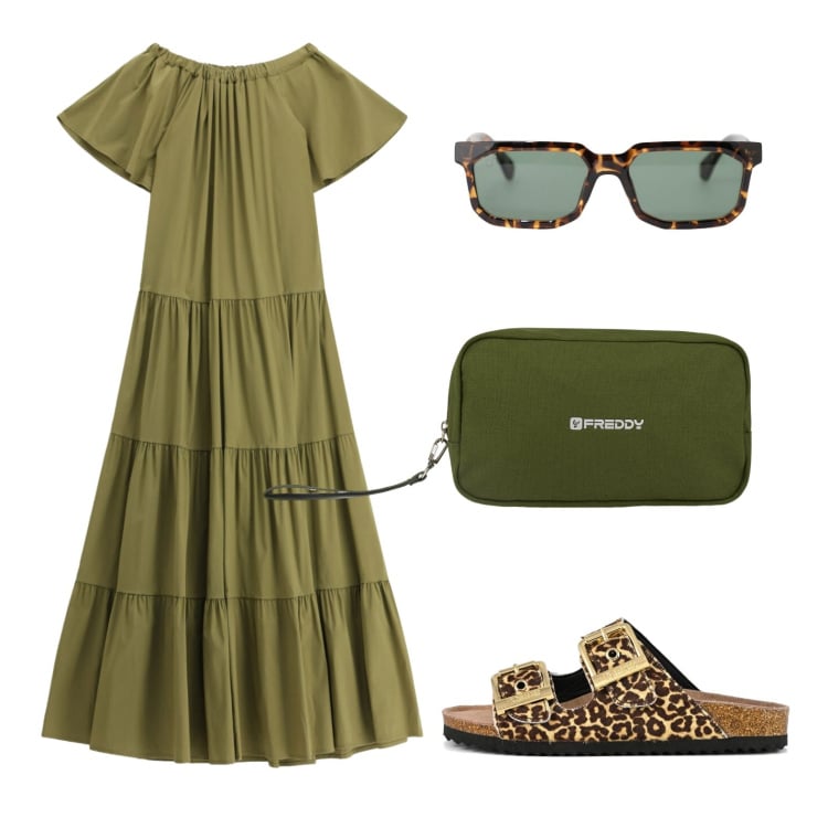 Outfit donna - Ancora una giornata molto calda. Stile Casual per Tutti i giorni. Abbinamento con occhiali da sole, vestiti lunghi, valigie, sandali in pelle.