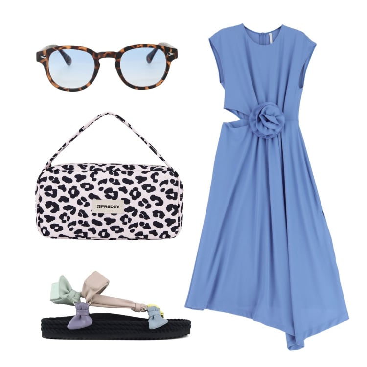 Outfit donna - Una domenica assolata. Stile Glamour per Tutti i giorni. Abbinamento con vestiti midi/longuette, occhiali da sole, borse a spalla, sandali.