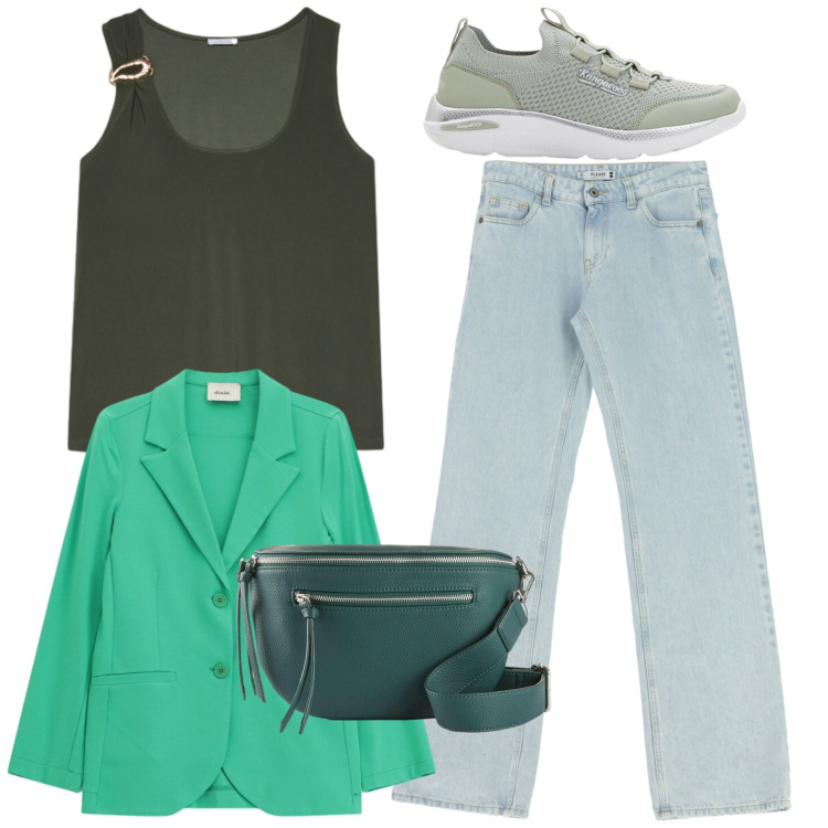 Outfit donna - Total look. Stile Basic per Tutti i giorni. Abbinamento con marsupi, sneakers, blazer, jeans dritti, canottiere.