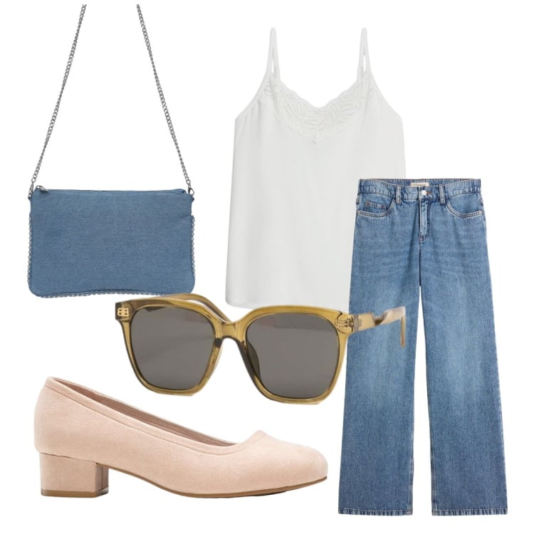 Outfit donna - Basic con la borsa in saldo. Stile Basic per Tutti i giorni. Abbinamento con décolleté, top, jeans, borse a tracolla, occhiali da sole.