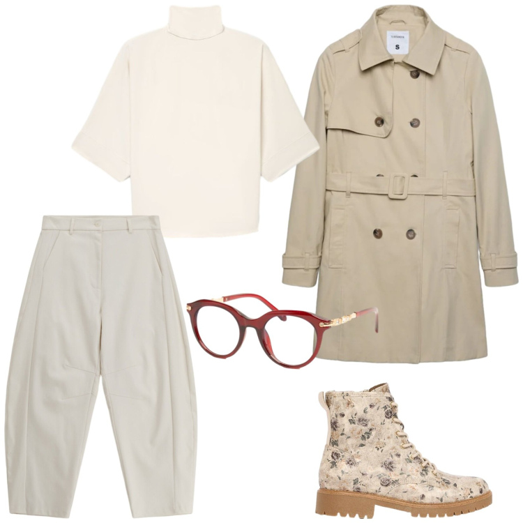 Outfit donna - Total look #2470523. Stile Casual per Tutti i giorni. Abbinamento con anfibi, pantaloni, trench, bluse, occhiali da sole.
