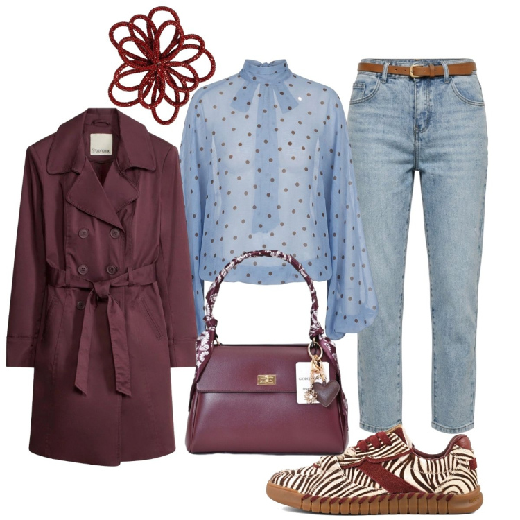 Outfit donna - Una giornata piovosa. Stile Urban per Tutti i giorni. Abbinamento con trench, borse a mano, bluse, jeans mom, accessori per capelli, sneakers.