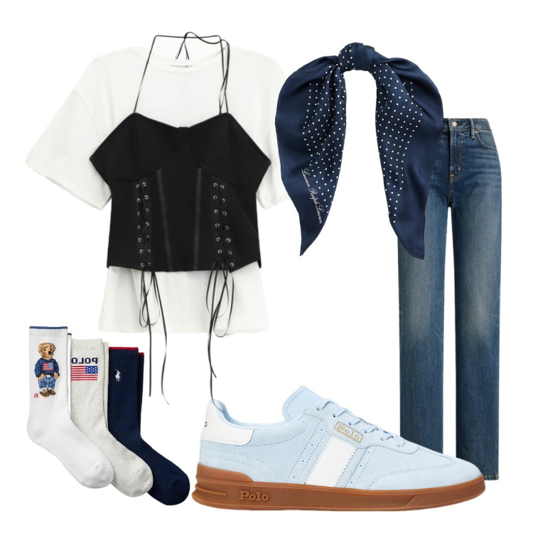 Outfit donna - Summer look curvy. Stile Trendy per Tutti i giorni. Abbinamento con t-shirt, foulard, sneakers, calzini, jeans dritti.