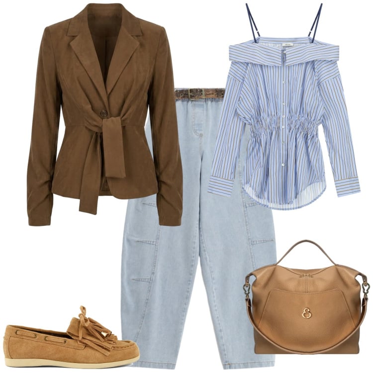 Outfit donna - Casual chic ufficio tempo libero. Stile Casual chic per Tutti i giorni. Abbinamento con top, jeans, borse a mano, blazer, mocassini.