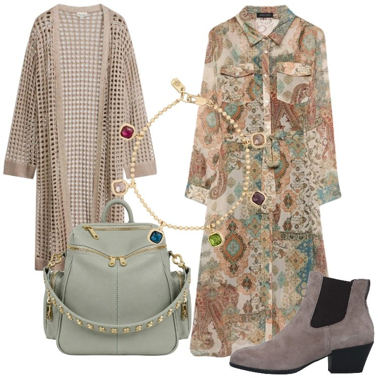 Outfit donna - Chemisier di Transizione. Stile Etnico per Tutti i giorni. Abbinamento con stivaletti chelsea, cardigans, vestiti chemisier, zaini, braccialetti.