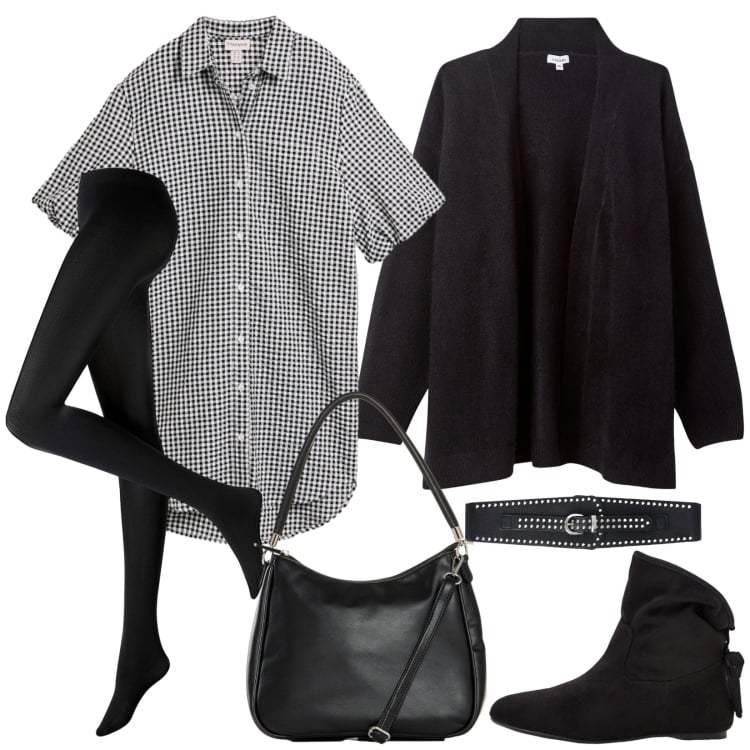 Outfit donna - Lo chemisier e lo spolverino di maglia. Stile Casual per Tutti i giorni. Abbinamento con collant, stivaletti, borse a mano, vestiti chemisier, cinture, cardigans.