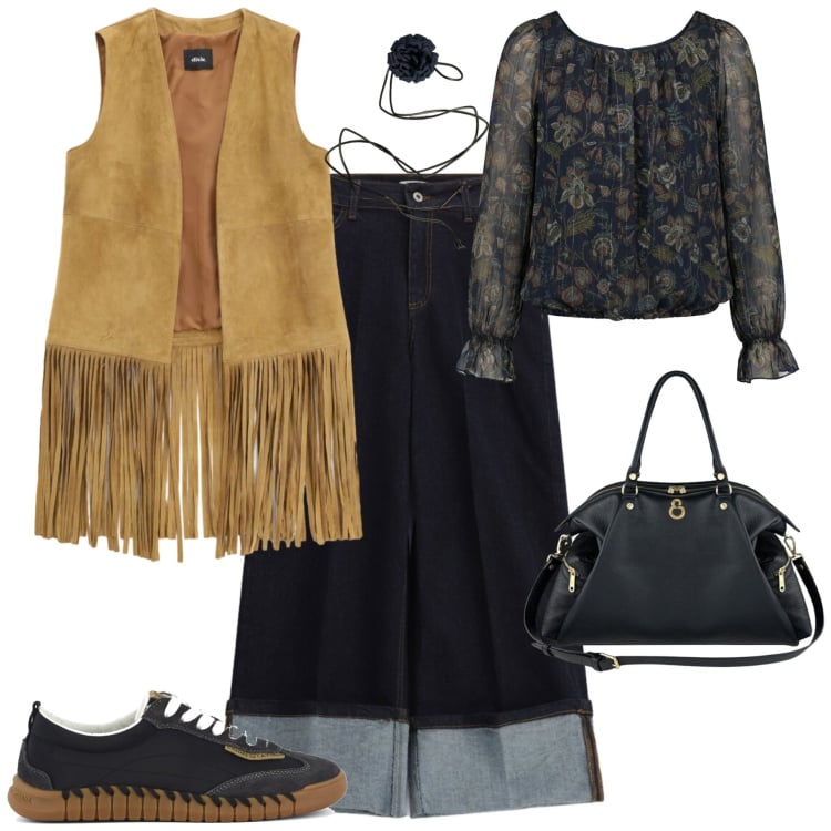 Outfit donna - Casual chic ufficio tempo libero. Stile Casual chic per Tutti i giorni. Abbinamento con jeans, gilet, shopping bag, cinture, bluse, sneakers.