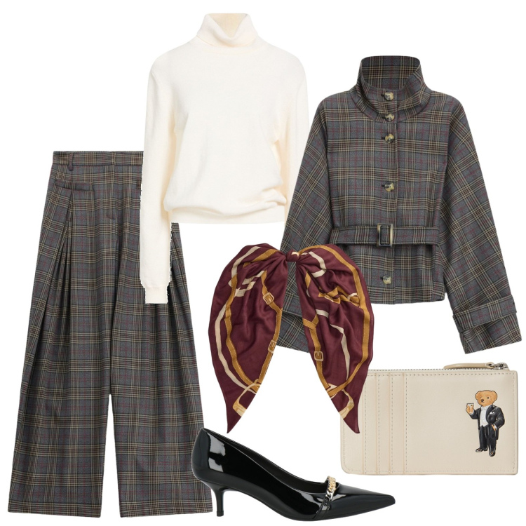 Outfit donna - Look metropolitano. Stile Glamour per Ufficio. Abbinamento con décolleté, maglieria, cappotti, pantaloni a palazzo, foulard, portafogli.