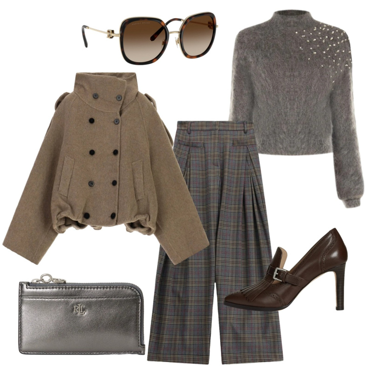 Outfit donna - Il cappotto corto e dal volume morbido. Stile Chic per Ufficio. Abbinamento con pantaloni a palazzo, bomber, maglieria, occhiali da sole, portafogli, décolleté.