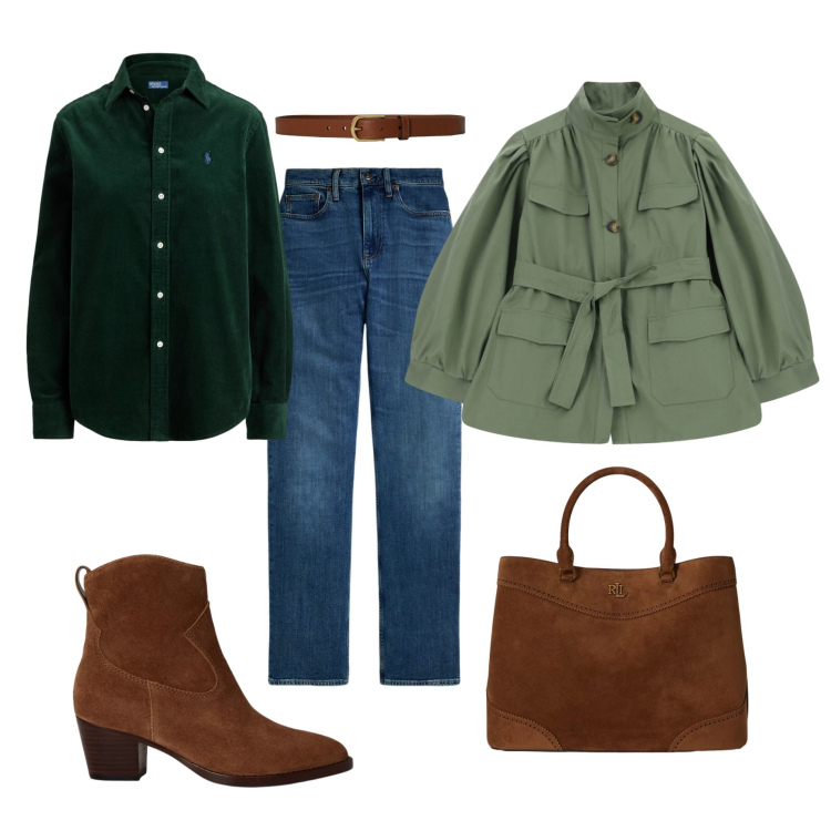 Outfit donna - Jeans e camoscio a settembre. Stile Casual per Tutti i giorni. Abbinamento con cappotti, jeans dritti, cinture, borse a mano, stivaletti, camicie.