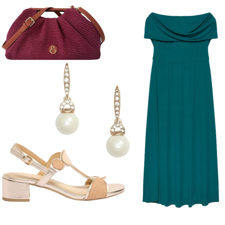 Outfit donna - Smeraldo al tramonto. Stile Chic per Serata fuori. Abbinamento con sandali col tacco, vestiti lunghi, clutch, orecchini.