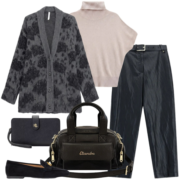 Outfit donna - Total look #2470548. Stile Casual chic per Ufficio. Abbinamento con cardigans, pantaloni, t-shirt, borse a mano, pochette, mocassini.
