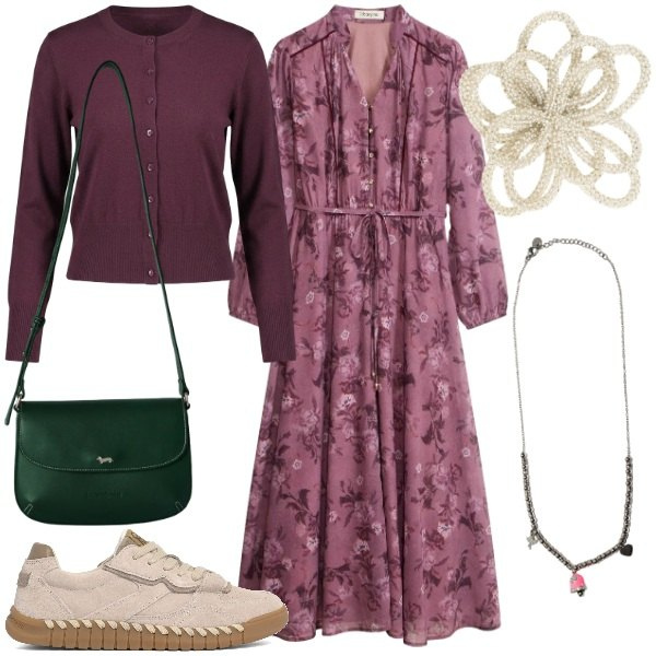 Outfit donna - L\'abito chemisier autunnale. Stile Casual chic per Serata fuori. Abbinamento con vestiti chemisier, borse a tracolla, cardigans, ciondoli, accessori per capelli, sneakers.