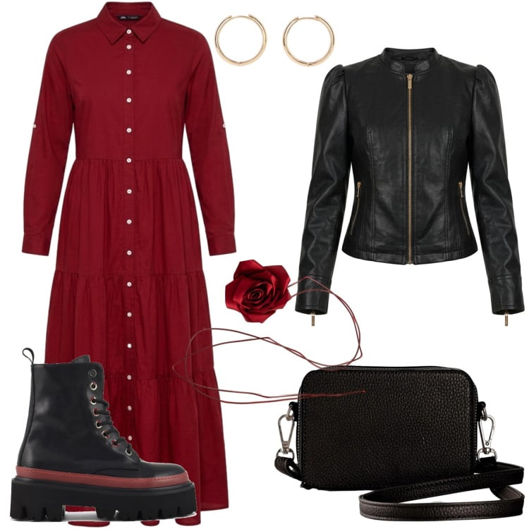 Outfit donna - Lo chemisier rosso a balze. Stile Trendy per Tutti i giorni. Abbinamento con orecchini, borse a tracolla, vestiti chemisier, giacche, collane, anfibi.