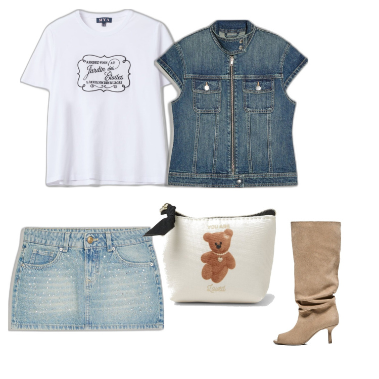 Outfit mujer - Casual #8463. Estilo Casual para Todos los días. Combinación con faldas, botas, pochette, top, camiseta.