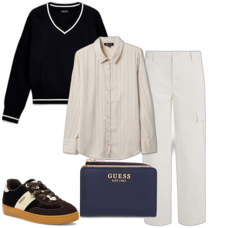 Outfit mujer - Casual #8464. Estilo Casual para Todos los días. Combinación con camisas, prendas de punto, pantalones cargo, sneakers, maletas.