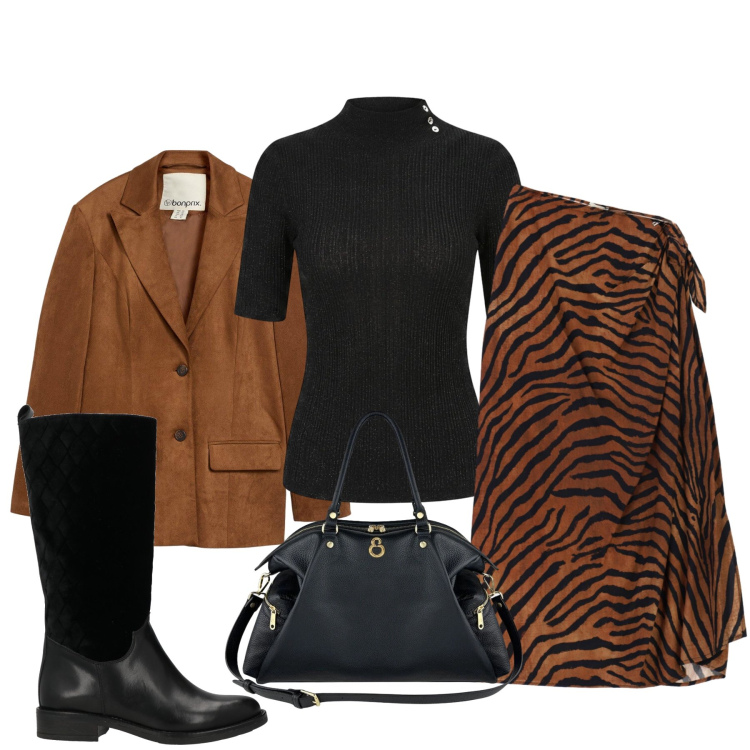 Outfit donna - Giornata grintosa. Stile Urban per Tutti i giorni. Abbinamento con stivali, blazer, gonne longuette, maglieria, shopping bag.
