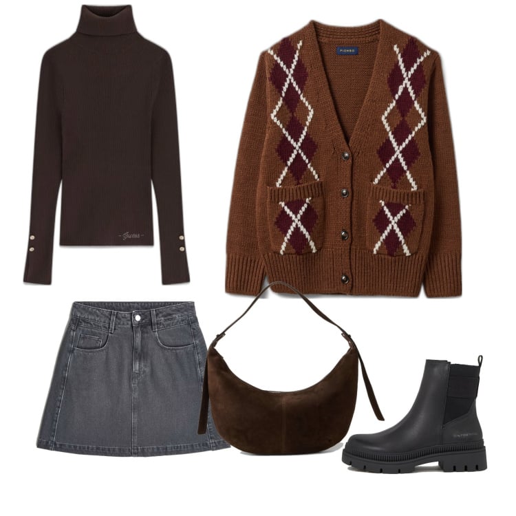 Outfit mujer - Casual chic #12445. Estilo Casual chic para Todos los días. Combinación con botas, bandoleras, cárdigans, prendas de punto, faldas.