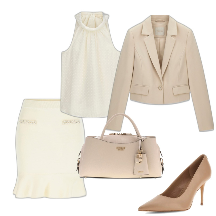 Outfit mujer - Casual #8465. Estilo Casual para Oficina. Combinación con salones, blazers, minifaldas, top, bolsos de hombro.