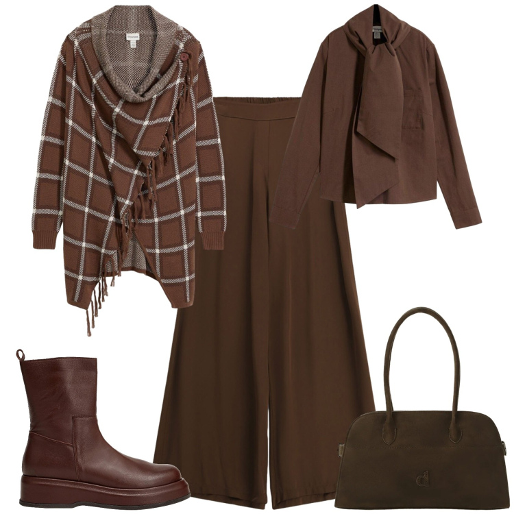 Outfit donna - Casual chic autunno ufficio. Stile Casual chic per Tutti i giorni. Abbinamento con stivaletti, cardigans, bluse, borse a spalla, pantaloni a palazzo.