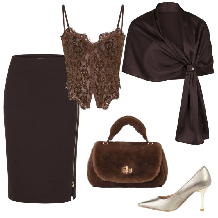 Outfit donna - Glamour per il ricevimento di nozze. Stile Glamour per Cerimonia. Abbinamento con top, gonne longuette, stole, borse a mano, décolleté.