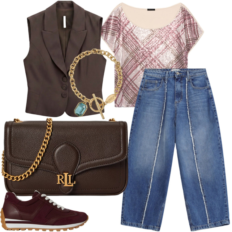 Outfit donna - Total look #2470571. Stile Bon Ton Abbinamento con gilet, jeans dritti, t-shirt, braccialetti, sneakers, borse a tracolla.