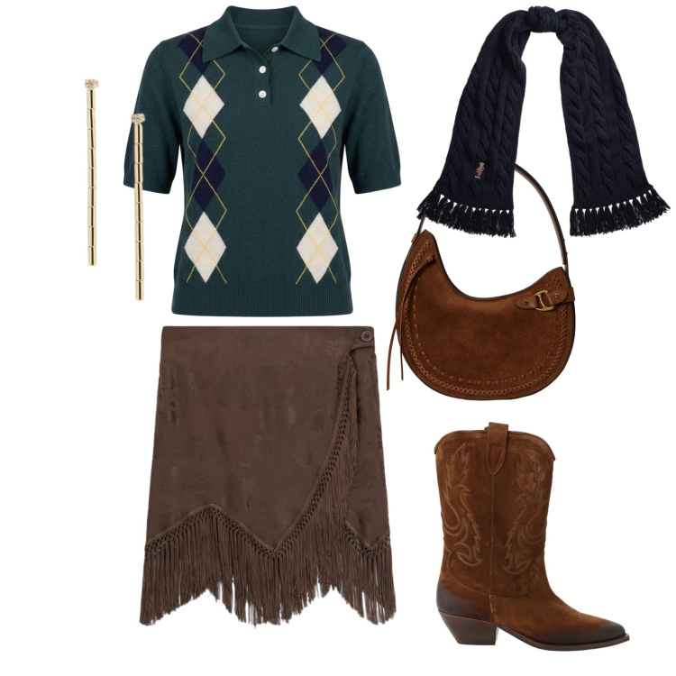 Outfit donna - Colori d" autunno. Stile Vintage retrò per Tutti i giorni. Abbinamento con maglieria, minigonne, stivaletti texani, borse a spalla, orecchini, sciarpe.
