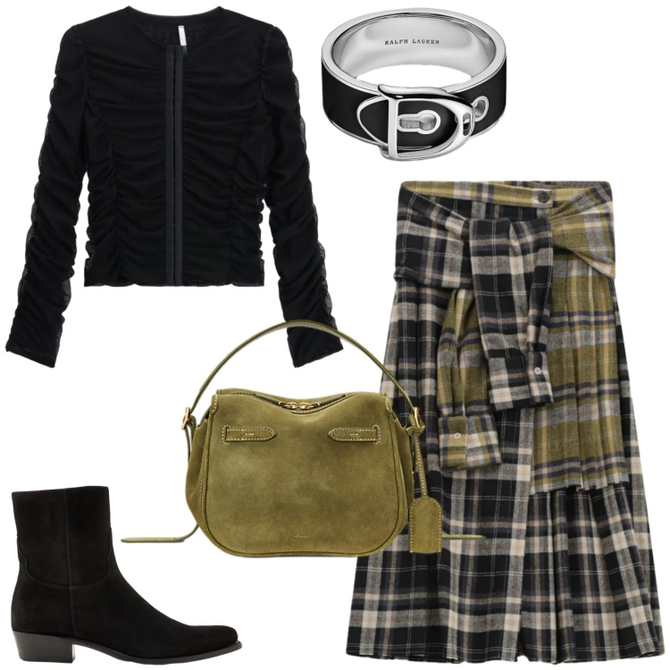 Outfit donna - Grunge tartan!. Stile Rock per Tutti i giorni. Abbinamento con top, gonne longuette, borse a mano, anelli, stivaletti.