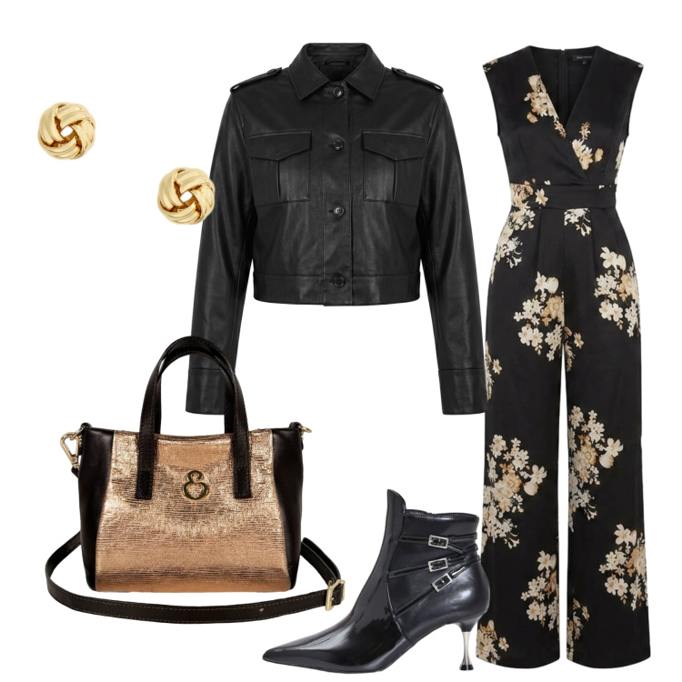 Outfit donna - Appuntamento serale. Stile Glamour per Serata fuori. Abbinamento con stivaletti, borse a mano, bomber, tute, orecchini.