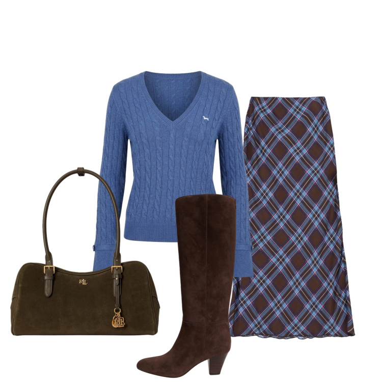 Outfit donna - Contrasti. Stile Preppy per Ufficio. Abbinamento con maglieria, gonne lunghe, borse a mano, stivali.
