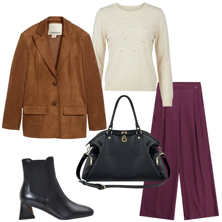 Outfit donna - Total look #2470576. Stile Casual chic per Tutti i giorni. Abbinamento con blazer, pantaloni a palazzo, stivaletti, shopping bag, maglieria.