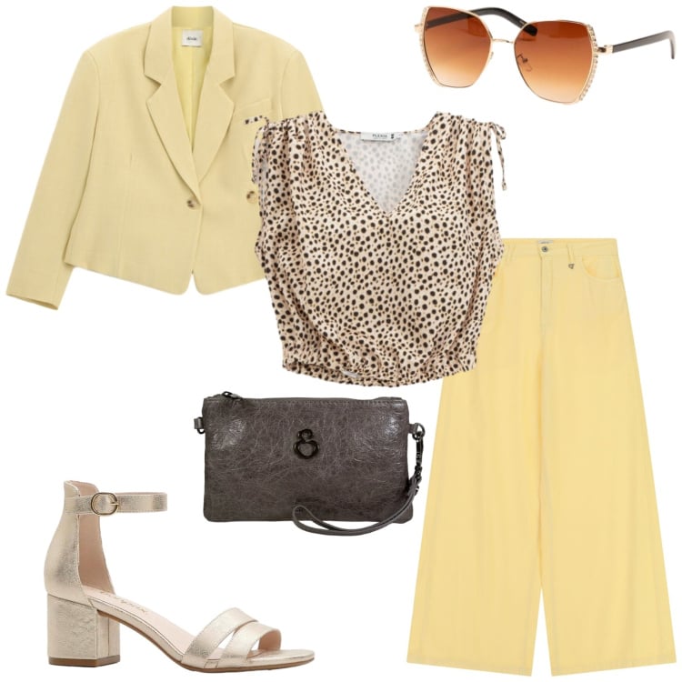 Outfit donna - Total look #2470581. Stile Chic per Ufficio. Abbinamento con sandali col tacco, blazer, pantaloni a palazzo, top, pochette, occhiali da sole.