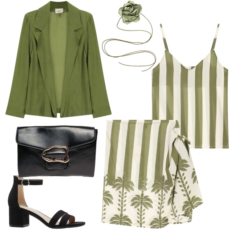 Outfit donna - Serata fuori. Stile Chic per Serata fuori. Abbinamento con sandali col tacco, minigonne, blazer, top, collane, pochette.