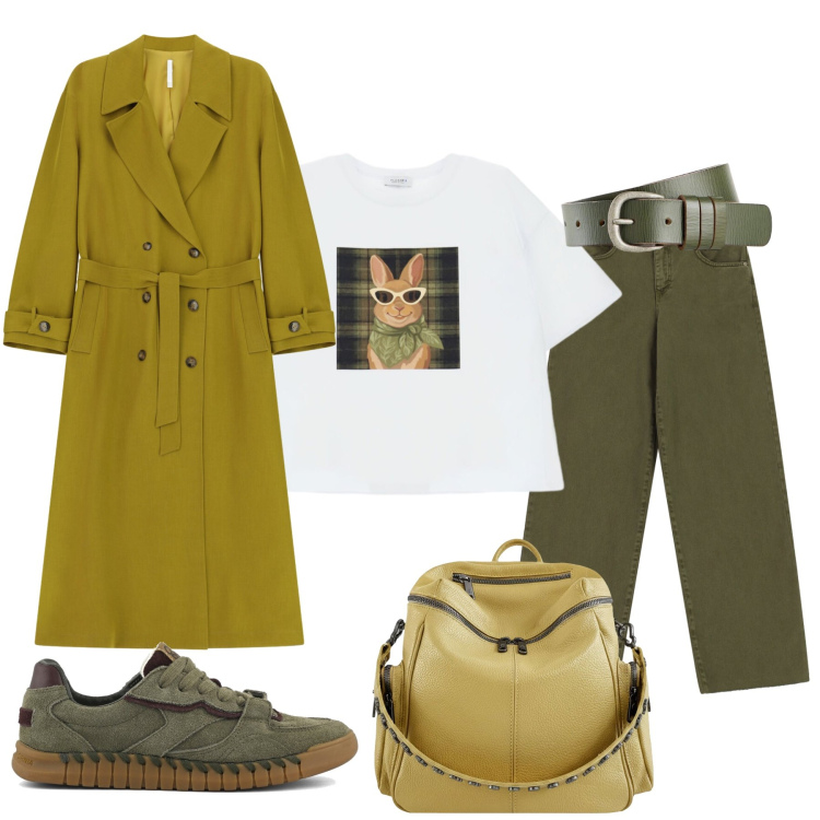 Outfit donna - Sfumature…. Stile Casual chic per Tutti i giorni. Abbinamento con cinture, trench, jeans dritti, t-shirt, zaini, sneakers.