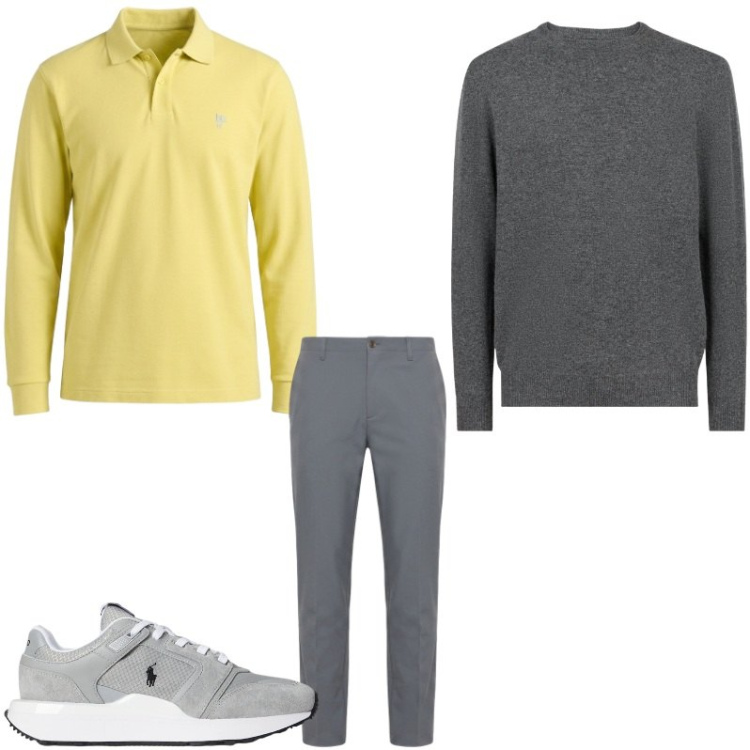 Outfit uomo - Un raggio di sole. Stile Casual per Tutti i giorni. Abbinamento con pantaloni, polo, maglieria, sneakers.